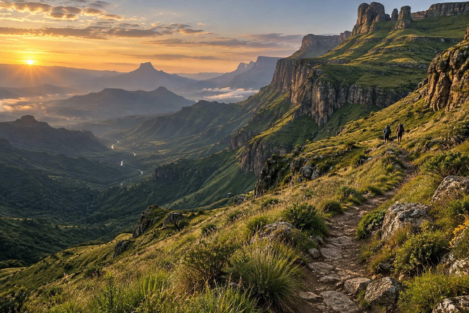 Illustrative sunlit green mountain ridges